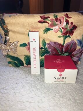NEXXT Lip Mask and Lip Plumper Floral Cosmetic bag and Gold Butterfly bag charm